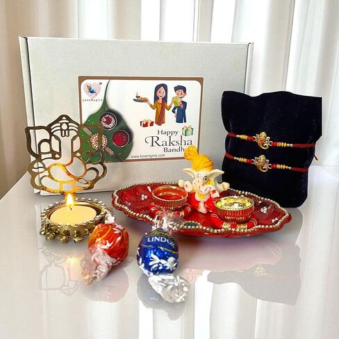 LOVENSPIRE Rakhi Gift Hamper Rakhi for Brother with Gift Set - Rakhi Set of 2 with Puja Plate Roli Chawal Candle Holder/Diya - Raksha Bandhan Bracelet Rakhi for Bhai Bhabhi in Kuwait