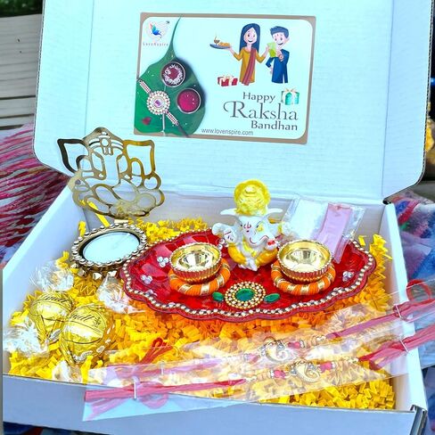 LOVENSPIRE Rakhi Gift Hamper Rakhi for Brother with Gift Set - Rakhi Set of 2 with Puja Plate Roli Chawal Candle Holder/Diya - Raksha Bandhan Bracelet Rakhi for Bhai Bhabhi in Kuwait