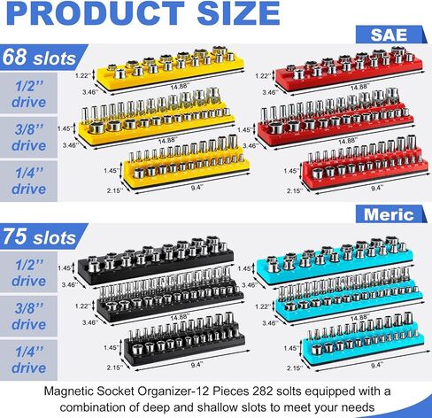 12 Pcs Magnetic Socket Organizers Sets Compatible with SAE and Metric Magnetic Socket Holders 1/4'', 3/8'', 1/2'' Drive Socket Trays Kits Holds 282 Standard and Deep Size Sockets (No Socket) in Kuwait