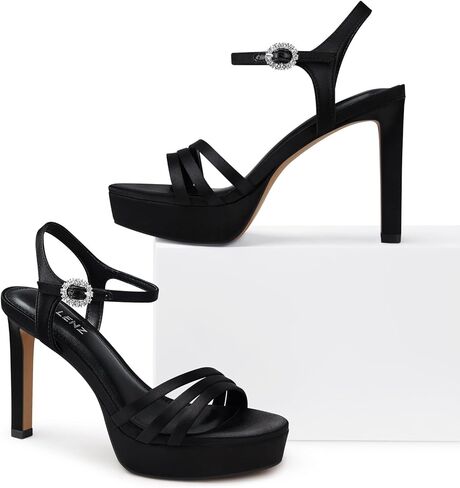 Women Strappy High Heels: 4.3 Inch Wedding Bride Shoes Prom Party Sexy Heel, Comfortable Platform Heeled Sandals, Satin Black White Blue Hot Pink in Kuwait