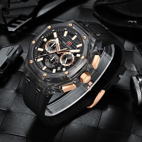 MASTOP Men Watches Multifunction Transparent Analog Display Orange Silicone Strap Calendar Chronograph Luminous Quartz Waterproof Trend Wrist Watches for Men Colorful Cool Dress Watch in Saudi Arabia
