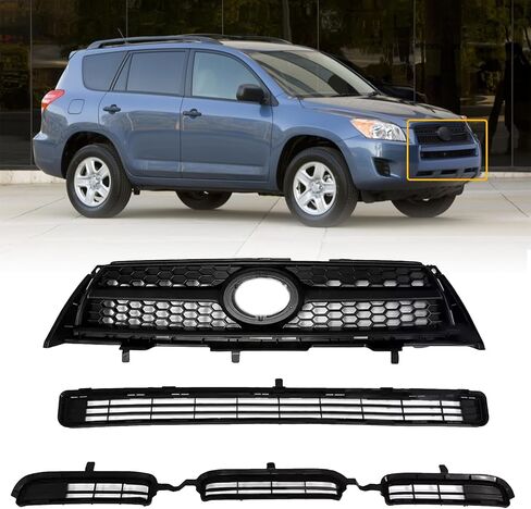 Front Upper & Lower Grille Grille Grille Fit لعام 2009 2010 2011 2012 Toyota Rav4 Base/Sport Black Front Pront Grille Cover Kit لـ 531010R010 ، 531120R010 ، 531130R010 in Kuwait