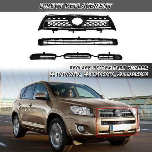 Front Upper & Lower Grille Grille Grille Fit لعام 2009 2010 2011 2012 Toyota Rav4 Base/Sport Black Front Pront Grille Cover Kit لـ 531010R010 ، 531120R010 ، 531130R010 in Kuwait