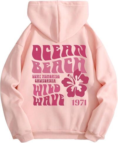 QJQ Women's Letter Graphic Drawstring Hoodie Flower Palm Beach Fleece Sweatshirt Casual Long Sleeve Thermal Pullovers Top in Saudi Arabia