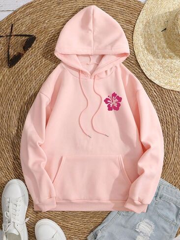 QJQ Women's Letter Graphic Drawstring Hoodie Flower Palm Beach Fleece Sweatshirt Casual Long Sleeve Thermal Pullovers Top in Saudi Arabia