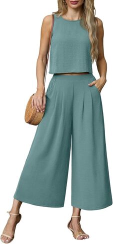 Lepunuo Womens Summer 2 Piece Outfits Sleeveless Crop Top Flowy Wide Leg Pants Matching Sets Vacation Beach Travel Outfits in Kuwait
