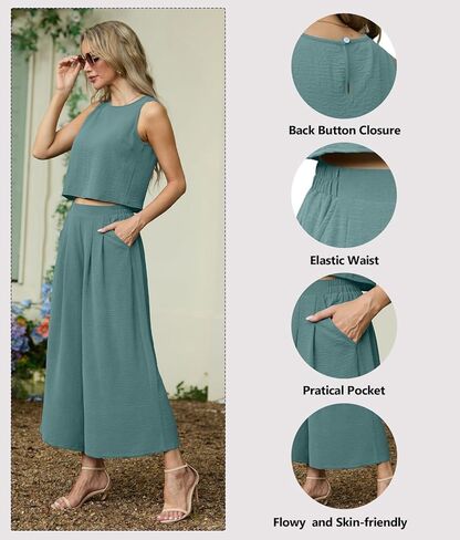 Lepunuo Womens Summer 2 Piece Outfits Sleeveless Crop Top Flowy Wide Leg Pants Matching Sets Vacation Beach Travel Outfits in Kuwait