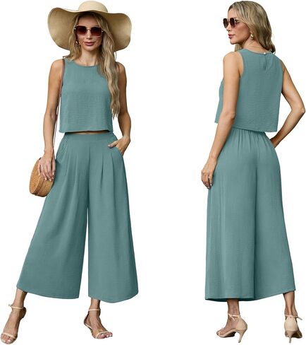 Lepunuo Womens Summer 2 Piece Outfits Sleeveless Crop Top Flowy Wide Leg Pants Matching Sets Vacation Beach Travel Outfits in Kuwait