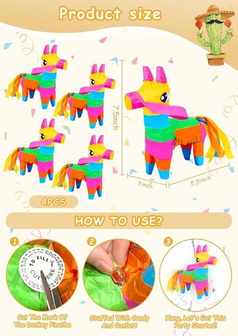 TURNMEON 4 Pack Mini Pinata 5.5"x7.5" Mexican Donkey Pinata Rainbow Color for Mexican Party Decorations Day of The Dead Decorations Día de Muertos Decorations Fun Taco Tuesday Birthday Party Supplies in Saudi Arabia