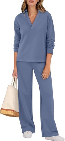 ANRABESS Lounge Sets for Women 2 Piece Outfits Sweatsuit Set Fall V Neck Sweatshirts Wide Leg Pants Tracksuits Cyan X-Large in Kuwait