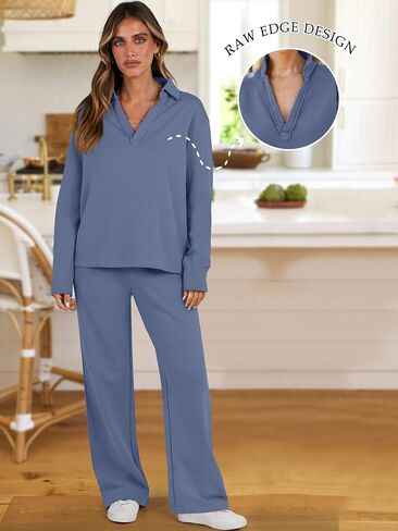 ANRABESS Lounge Sets for Women 2 Piece Outfits Sweatsuit Set Fall V Neck Sweatshirts Wide Leg Pants Tracksuits Cyan X-Large in Kuwait