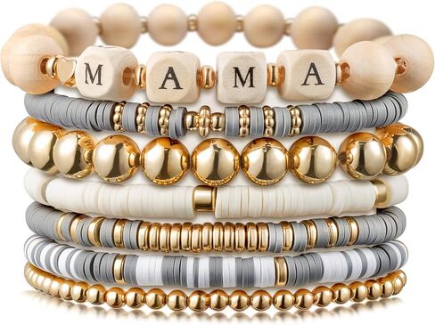Y1tvei 7Pcs Mama Gray Bracelets Set Wooden Stackable Heishi Polymer Clay Beaded Stretch Surfer Bracelet Dainty Gold Plated Beads Elastic Layering Bracelet Mama to Be Mother's Day Gifts for Mom in Kuwait