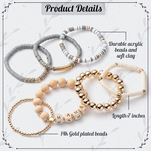 Y1tvei 7Pcs Mama Gray Bracelets Set Wooden Stackable Heishi Polymer Clay Beaded Stretch Surfer Bracelet Dainty Gold Plated Beads Elastic Layering Bracelet Mama to Be Mother's Day Gifts for Mom in Kuwait