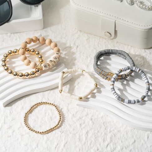 Y1tvei 7Pcs Mama Gray Bracelets Set Wooden Stackable Heishi Polymer Clay Beaded Stretch Surfer Bracelet Dainty Gold Plated Beads Elastic Layering Bracelet Mama to Be Mother's Day Gifts for Mom in Kuwait