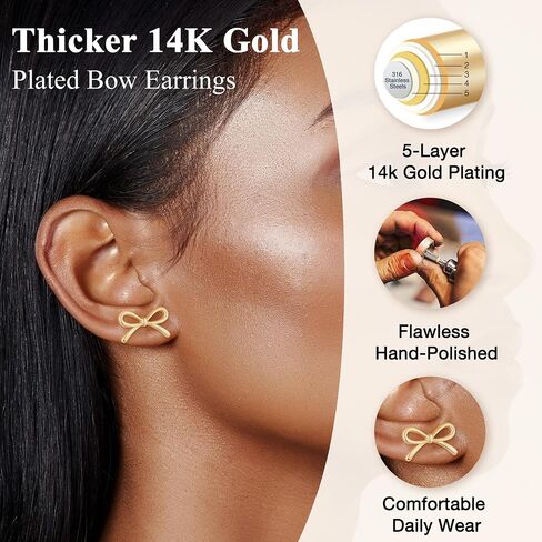 Hypoallergenic Gold Bow Earrings for Women, 14K Gold Plated Stud Earring for Women Trendy, Dainty Non Tarnish Ribbon Bow Earrings for Women Jewelry Gifts in Saudi Arabia