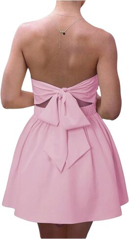 MakeMeChic Women's Summer Elegant Strapless Mini Dress with Bow Ruched Ruffle A Line Bandeau Party Mini Dress in Kuwait