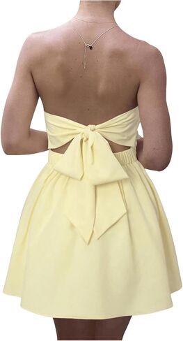 MakeMeChic Women's Summer Elegant Strapless Mini Dress with Bow Ruched Ruffle A Line Bandeau Party Mini Dress in Kuwait