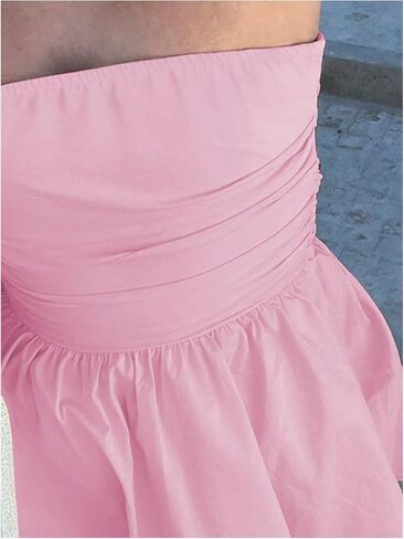 MakeMeChic Women's Summer Elegant Strapless Mini Dress with Bow Ruched Ruffle A Line Bandeau Party Mini Dress in Kuwait
