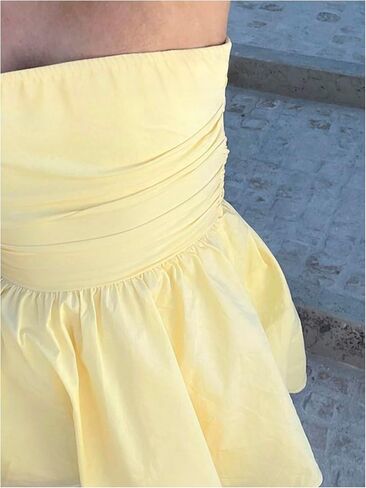 MakeMeChic Women's Summer Elegant Strapless Mini Dress with Bow Ruched Ruffle A Line Bandeau Party Mini Dress in Kuwait