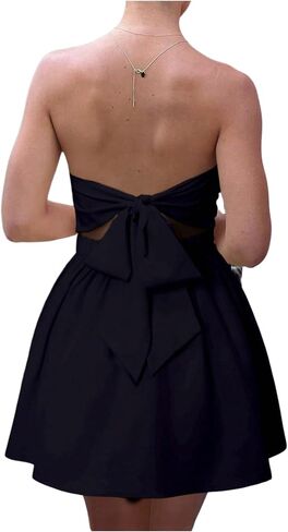 MakeMeChic Women's Summer Elegant Strapless Mini Dress with Bow Ruched Ruffle A Line Bandeau Party Mini Dress in Saudi Arabia
