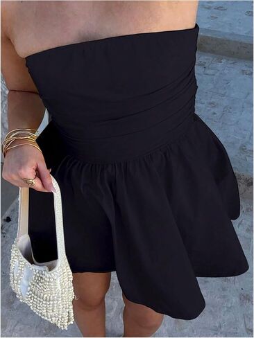 MakeMeChic Women's Summer Elegant Strapless Mini Dress with Bow Ruched Ruffle A Line Bandeau Party Mini Dress in Saudi Arabia