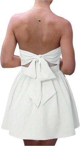 MakeMeChic Women's Summer Elegant Strapless Mini Dress with Bow Ruched Ruffle A Line Bandeau Party Mini Dress in Kuwait