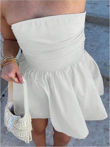 MakeMeChic Women's Summer Elegant Strapless Mini Dress with Bow Ruched Ruffle A Line Bandeau Party Mini Dress in Kuwait