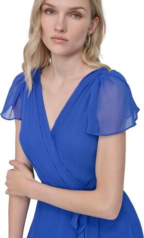 DKNY Women's Flutter Sleeve Surplice Tie Fit & Flare Midi Dress in Kuwait