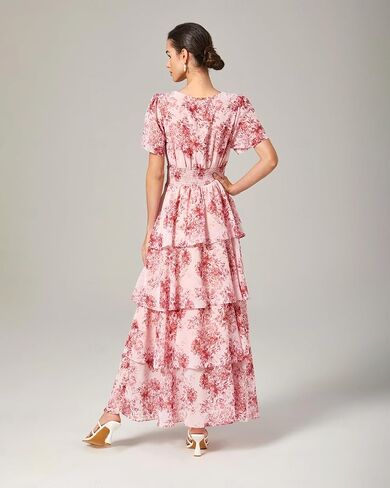 Ador Women's Floral Summer Empire Weist v Neck عرضية شيفون Maxi Long Maxi Dresses Tier Shower Short in Kuwait