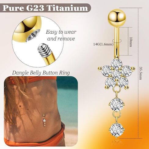 14G G23 Titanium Dangle Belly Button Ring للنساء زهرة CZ متدلية حلقات البطن اللطيفة in Kuwait