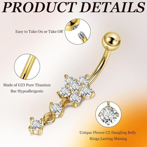 14G G23 Titanium Dangle Belly Button Ring للنساء زهرة CZ متدلية حلقات البطن اللطيفة in Kuwait