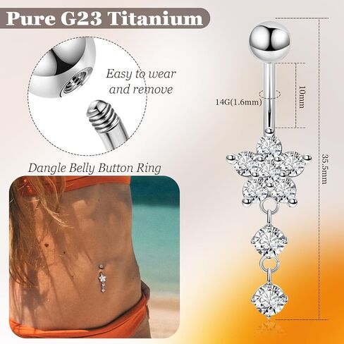 14G G23 Titanium Dangle Belly Button Ring للنساء زهرة CZ متدلية حلقات البطن اللطيفة in Kuwait