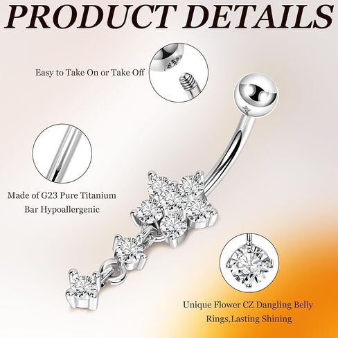14G G23 Titanium Dangle Belly Button Ring للنساء زهرة CZ متدلية حلقات البطن اللطيفة in Kuwait