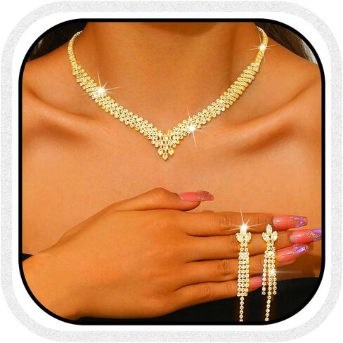 Aukmla Bridal Jewelry Set Silver Rhinestones Bride Wedding Necklace Earring Sets Prom Necklaces for Women in Kuwait