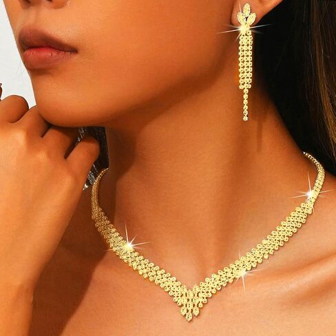 Aukmla Bridal Jewelry Set Silver Rhinestones Bride Wedding Necklace Earring Sets Prom Necklaces for Women in Kuwait