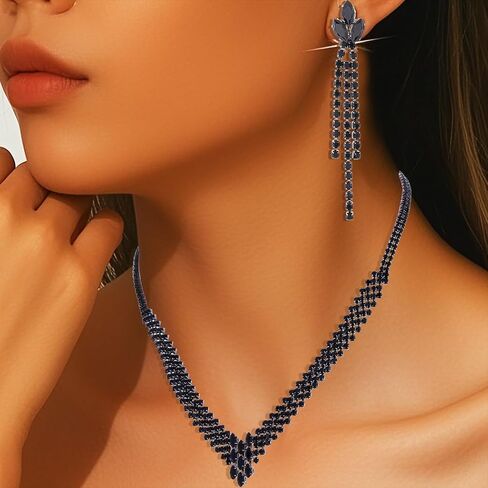 Aukmla Bridal Jewelry Set Silver Rhinestones Bride Wedding Necklace Earring Sets Prom Necklaces for Women in Kuwait