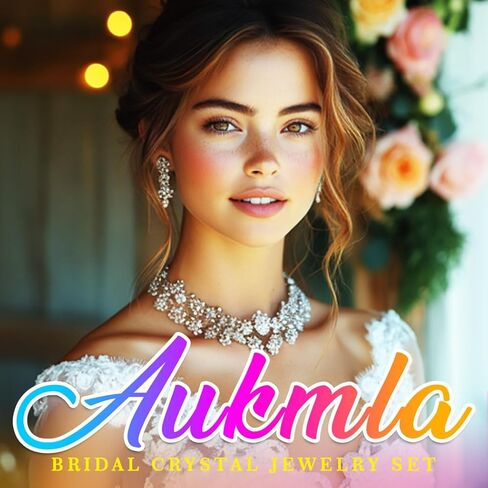 Aukmla Bridal Jewelry Set Silver Rhinestones Bride Wedding Necklace Earring Sets Prom Necklaces for Women in Kuwait