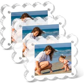 3 Pack Acrylic Picture Frame: 4x6inch Magnetic Picture Frames, Double Sided Magnet Frames,10+10mm Thick Block, Clear Photo Scalloped Frames Freestanding for Desktop Display in Saudi Arabia