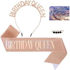 Birthday Queen Sash,Happy Birthday Decorations for Women Black With Iridescent Foil Sash & Rhinestone Crown Tiara Headband & Pearl Pin & Card for 18th 21st 30th or Any Other Party in Saudi Arabia