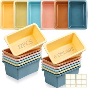 Thyle 12 Pieces 11.6 x 7.7 Inch 6 Colors Plastic Cubby Bins with Labels Classroom Stacking Bins Storage Container Organizer Storage Cubbies for Classroom Office (Rerto Color) in Kuwait