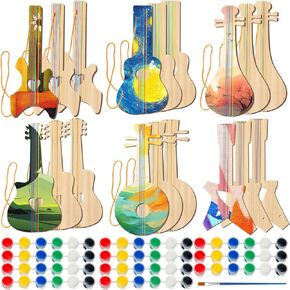 Syhood 18 Pcs DIY Wood Guitar for Kids (6 Difference Designs) with 18 Set of Pigments (6 Colors), Christmas Kids Gift for Boys Girls Crafts and Art Birthday Class Party Music Theme Party in Kuwait