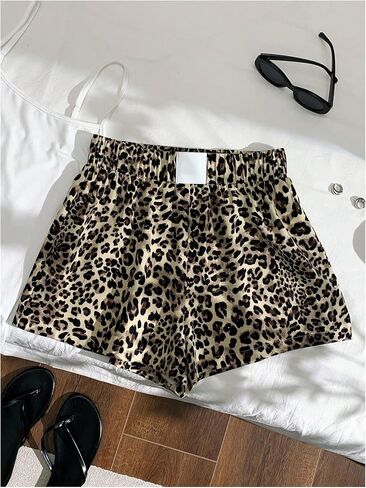 WDIRARA Women's Leopard Print Applique High Rise Shorts Elastic Waist Loose Bottoms in Saudi Arabia