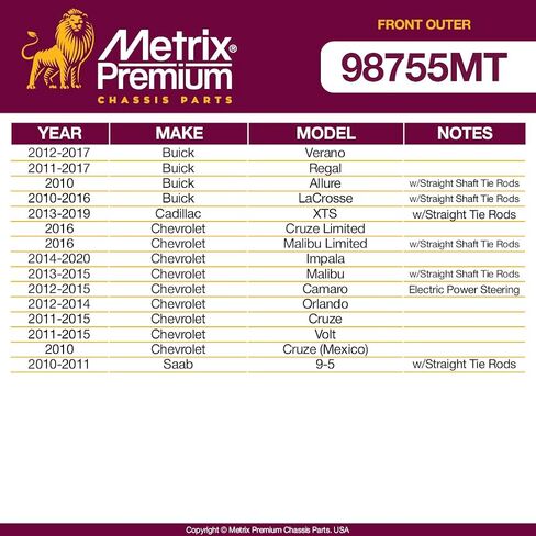 Metrix Premium Chassis Parts-2 PC Front Tie ind end Kit Fits 12-17 Buick Verano ، 11-17 Regal ، 10 Allure ، 13-19 Cadillac XTS ، 16 Chevrolet Cruze Limited ، 10-11 Saab 9-5 ، ES800852 Made in Europe in Saudi Arabia