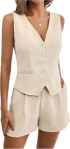 MakeMeChic Women's 2 Piece Outfit Casual Button V Neck Blazer Vest and High Waisted Shorts Set in Saudi Arabia