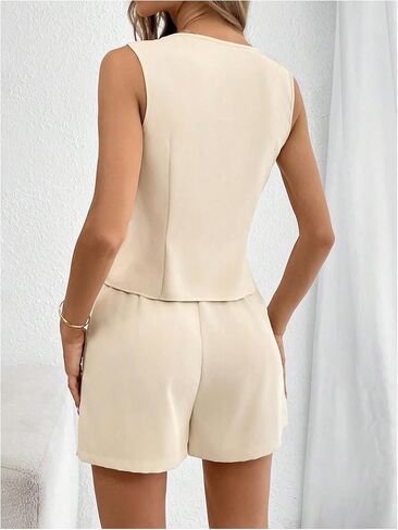 MakeMeChic Women's 2 Piece Outfit Casual Button V Neck Blazer Vest and High Waisted Shorts Set in Saudi Arabia