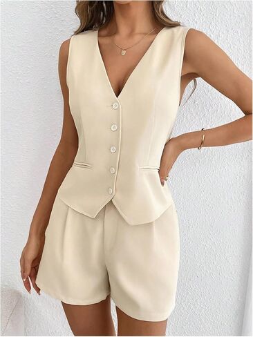 MakeMeChic Women's 2 Piece Outfit Casual Button V Neck Blazer Vest and High Waisted Shorts Set in Saudi Arabia