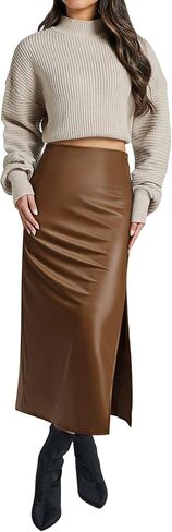 Ezcosplay Women High Waisted Faux Leather Side Slit Skirt PU Leather Bodycon Split Thigh Long Skirt in Saudi Arabia