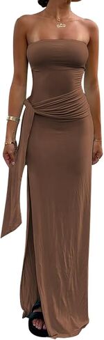 Women's Bodycon Long Dresses Strapless Tube Top Side Slit Maxi Dress in Saudi Arabia