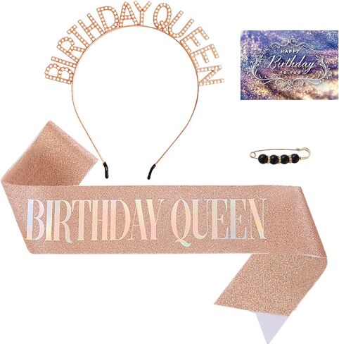 عيد ميلاد ملكة SASH ، زينة عيد ميلاد سعيد للنساء الأسود مع رقائق قزحية SASH و Rhinestone Crown Tiara Tiara BIN & Pearl Pin & Card for 18th 30th 30th أو أي حفلة أخرى in Kuwait