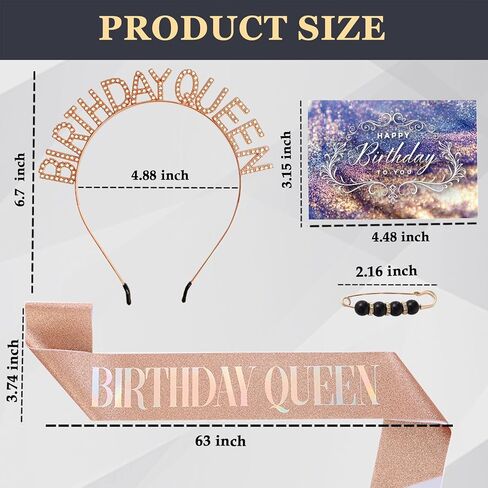 عيد ميلاد ملكة SASH ، زينة عيد ميلاد سعيد للنساء الأسود مع رقائق قزحية SASH و Rhinestone Crown Tiara Tiara BIN & Pearl Pin & Card for 18th 30th 30th أو أي حفلة أخرى in Kuwait